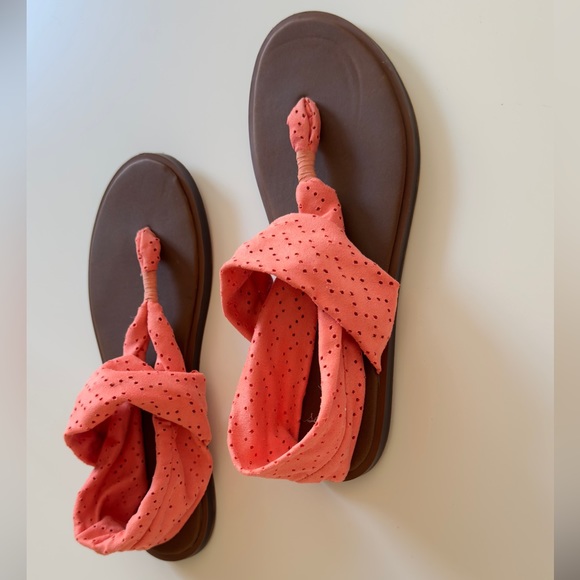 SANUK Stretchy Coral Peach Orange Leather Sling Yoga Sandals Comfy Summer Shoes - Picture 4 of 15